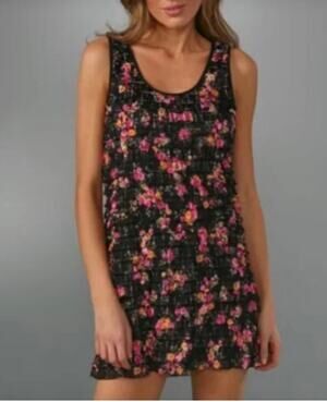 Free People Patra Sleeveless Bohemian Mini Dress Black Floral Tiered Ruffles XS
